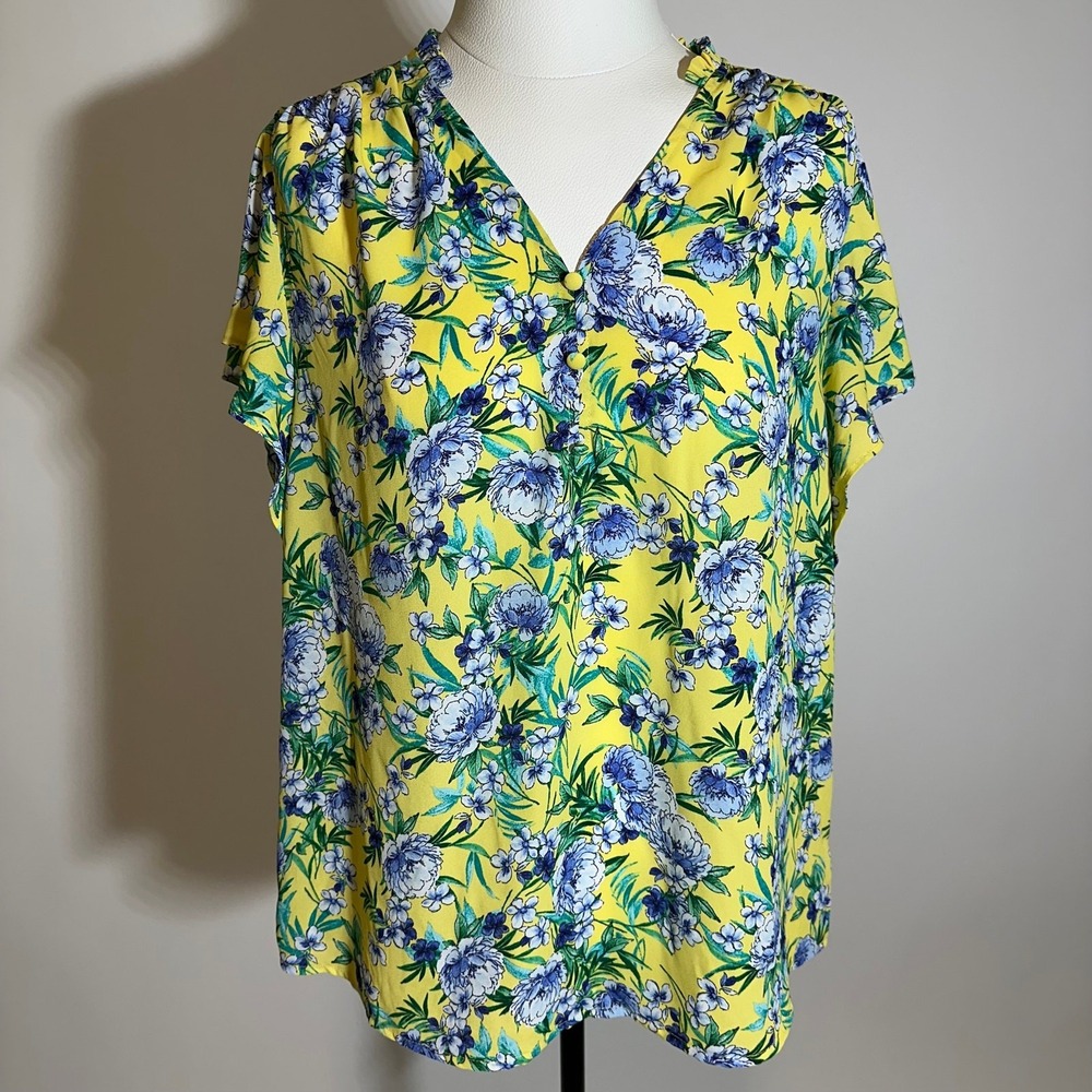 Counterparts Yellow Floral Short Sleeve V-Neck Career Blouse Womens Size Large L